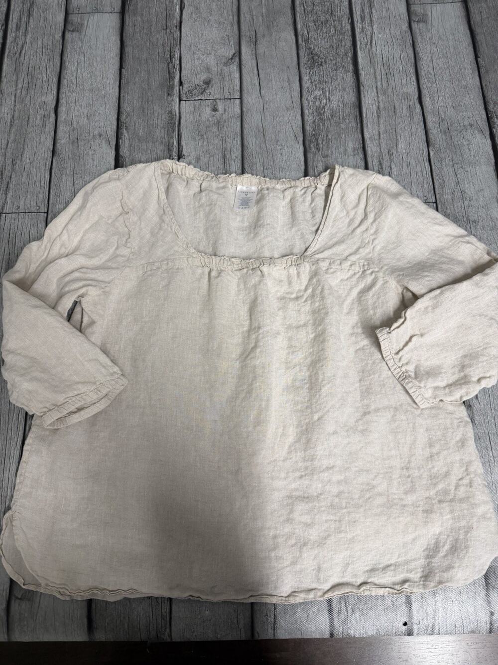 Women’s Lands End 100% Linen Blouse XL Petite Natural Tan 3/4 Sleeve